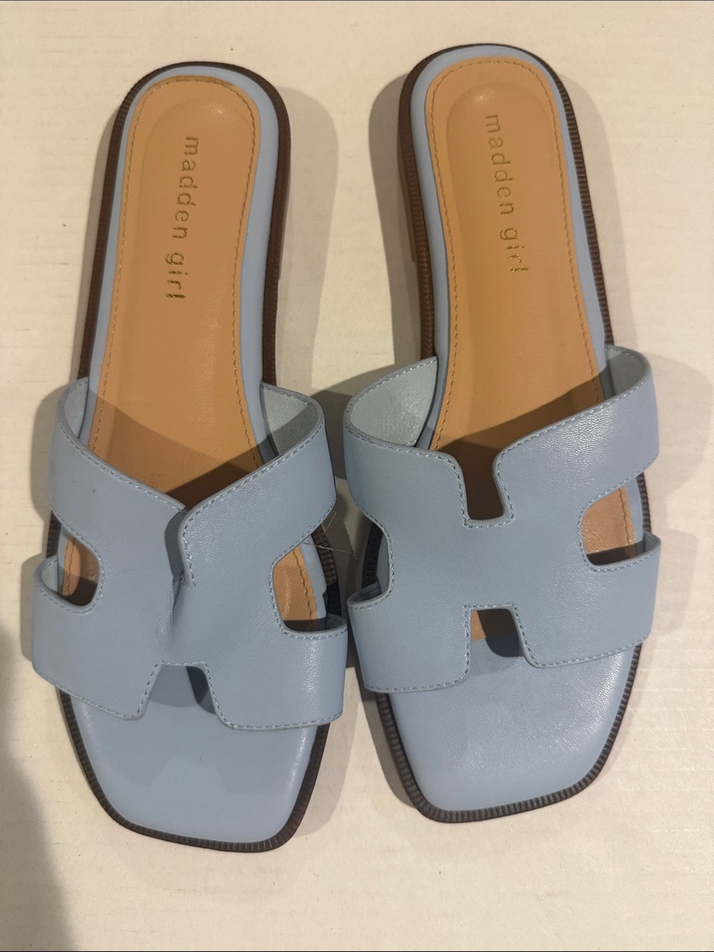 Madden Girl Light Blue Cutout Leather Slide Sandals